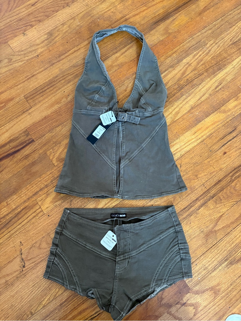 Fashion Nova Olive Two-Piece Halter & Shorts Set
